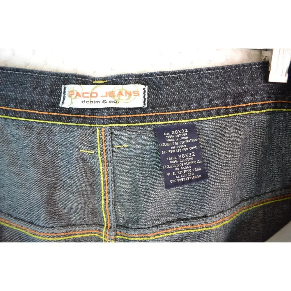 Paco Jeans Men's 38x32 Dark Wash Graphic Print Baggy Y2K Skater Jeans